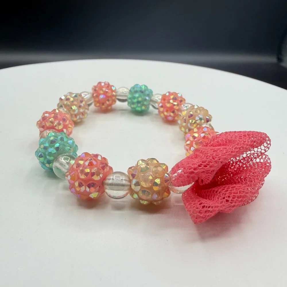 Girls Pink Flower Beaded Stretch Bracelet Sparkly Pastel Kids Gift Cute Floral